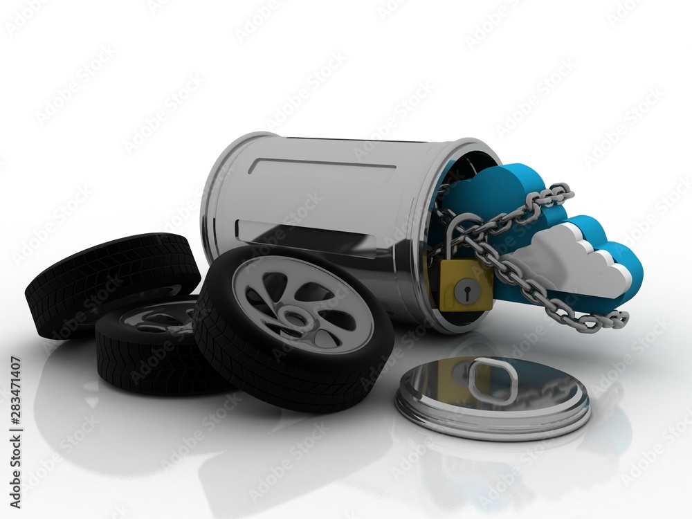Aufkleber 3d rendering cloud computing, security in recycle bin with car wheel
