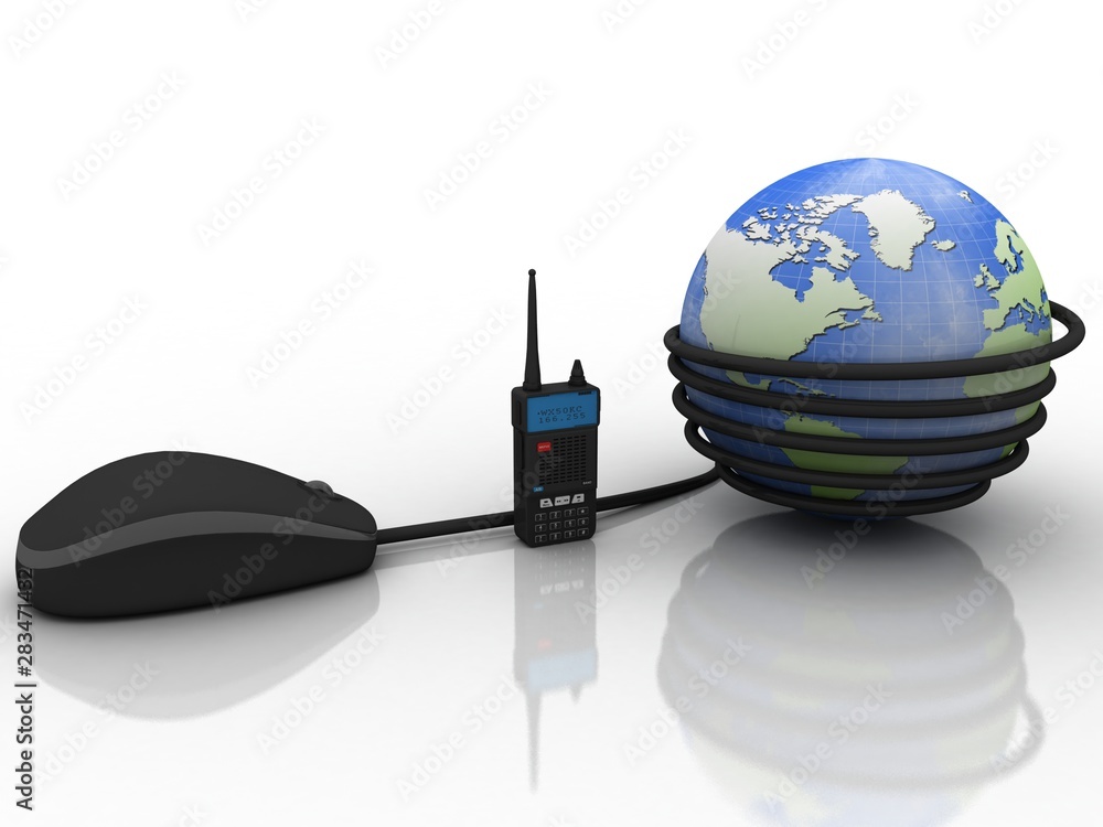 Poster 3d rendering mouse connected globe with latest radio transceivers