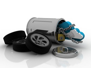 3d rendering Cloud computing, security in recycle bin with car wheel