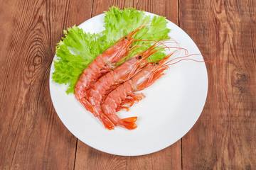 Argentinian red shrimps with lettuce leaves on dish