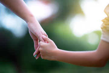 Woman's and kid's hands. Mother lead his child, summer nature outdoor. Parenting, togetherness,...
