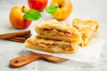 Homemade apple pie. Pieces of cake on a wooden board on a light background. Classic autumn dessert....