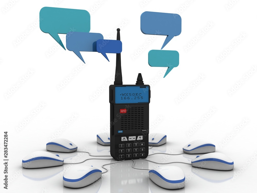 Poster 3d rendering latest radio transceivers connected mouse with speech bubble