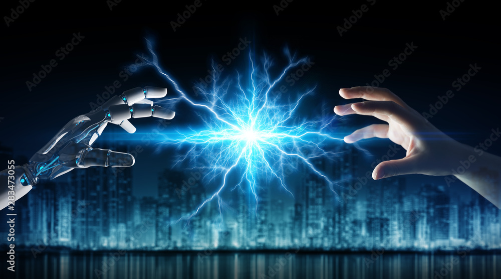 Poster robot hand creating electricity with human hand 3d rendering