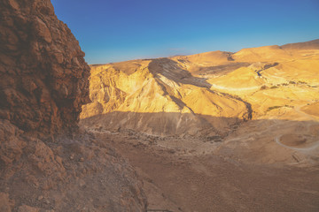 Mountain nature landscape. View of the valley from the mount. Desert in the early morning. The...