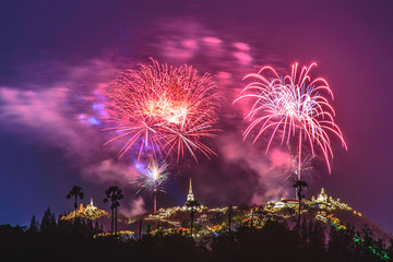 Firework smoke background city over temple and palace on the Mountain