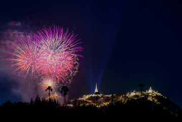 Firework smoke background city over temple and palace on the Mountain