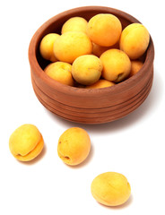 Ripe apricot in clay pot on a white background