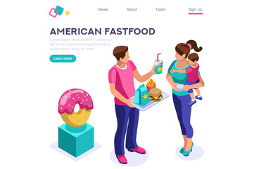 Female Hot Nutrition. Cafe, Character with Beverage, Soda Food. Fast Lifestyle, Meal, French Fries Eating. Calorie Cartoon Flat Vector Illustration, Hero Images, Isometric Banner. Web Page Image.