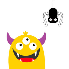Naklejka premium Monster yellow head looking at hanging black spider. Three eyes, teeth fang, horns, hands up. Cute kawaii cartoon funny baby character. Happy Halloween.Flat design. White background.