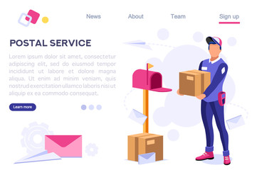 Delivery Air Shipping Person Post Mail, Parcel Set. Polluted Element. Wear a Face for Service. Clip with Workers, Express Clipart. Cartoon Flat Vector Illustration Hero Image Isometric Banner