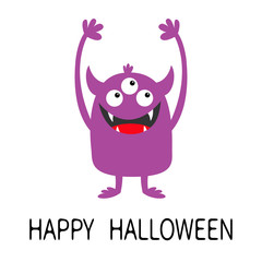 Happy Halloween. Monster violet silhouette icon. Three eyes, teeth fang, horns, boo hands up. Cute kawaii cartoon funny character. Baby kids collection. White background. Isolated. Flat design.