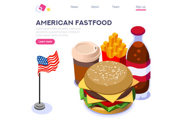 Female Hot Nutrition. Cafe, Character with Beverage, Soda Food. Fast Lifestyle, Meal, French Fries Eating. Calorie Cartoon Flat Vector Illustration, Hero Images, Isometric Banner. Web Page Image.