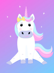 Cute unicorn with a bow cartoon character