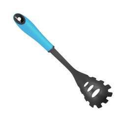 Spaghetti draining utensil with blue grip on isolated white background