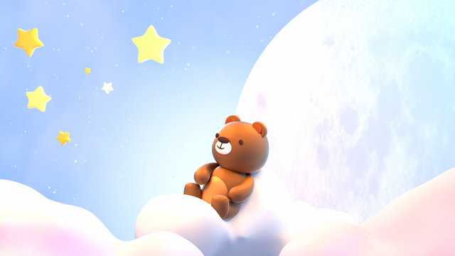 Cute little bear sitting on soft pastel clouds and watching beautiful night sky with stars in front of the white full moon. 3d rendering picture.