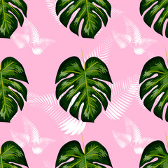 Naklejka premium seamless pattern with tropical leaves: palms, monstera, passion fruit. Beautiful allover print with hand drawn exotic plants. Swimwear botanical design