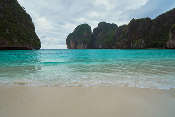 Fototapeta premium Ao Maya Bay on cloudy day during monsoon season.