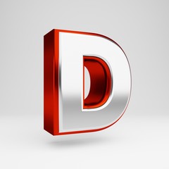 Metal 3d letter D uppercase. Metallic red and white font isolated on white background.