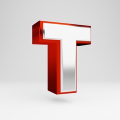 Metal 3d letter T uppercase. Metallic red and white font isolated on white background.