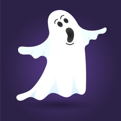 Cute ghost character flat style design vector illustration isolated on dark background. Halloween boo spooky symbol flying above the ground.