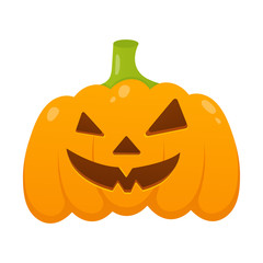 Orange halloween pumpkin with scary face expression grimace flat style design vector illustration isolated on white background.