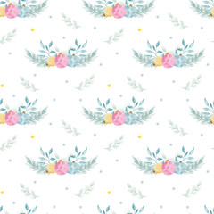 Fototapeta na wymiar Watercolor seamless pattern with Traditional Christmas decorations.