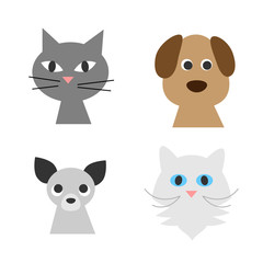 Dogs and cats faces on white background. Vector illustration.