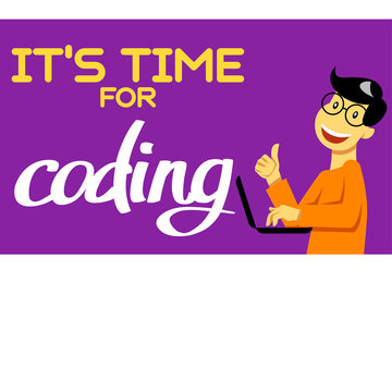 A square image of the boy who studies coding. A vector image for a flyer or a poster for the chidren coding school. It's time for coding.