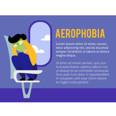 A vector image of a man in the airplane having an aerophobia. A passenger being nervous and in a stress. A color image for a travel poster, flyer or article.