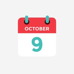 Flat icon calendar 9 October. Date, day and month. Vector illustration.
