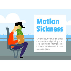 A vector image of a man in the transport with motion sickness. A color image for a travel poster, flyer or article.