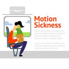 A vector image of a man in the transport with motion sickness. A color image for a travel poster, flyer or article.