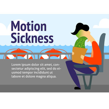 A vector image of a man in the transport with motion sickness. A color image for a travel poster, flyer or article.