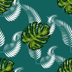 Tropical exotic floral green and red monstera palm leaves seamless pattern. Exotic jungle wallpaper.
