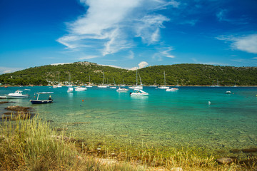 Fototapeta na wymiar Scenic view of Kosirina beach bay on Murter island in Croatia, sailing boats and yachts on blue sea