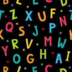 Alphabet cartoon seamless pattern with stars isolated on black.