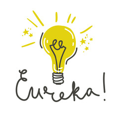 Eureka. Lettering composition with light bulb. Vector illustration. - obrazy, fototapety, plakaty