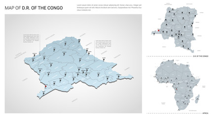 Vector set of DR of the Congo country.  Isometric 3d map, DR of the Congo map, Africa map - with region, state names and city names.