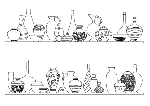 Collection of jugs, vases, dishes on shelves for your design. Line art style. Pottery earthenware, vases, clay bowls and pots isolated on white.  