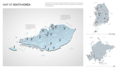 Vector set of South Korea country.  Isometric 3d map, South Korea map, Asia map - with region, state names and city names.