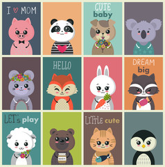 Vector collection of cute baby cards. Colorful funny animal characters.