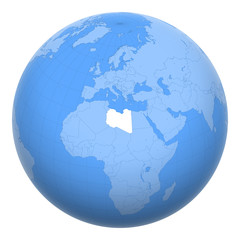 Libya on the globe. Earth centered at the location of the State of Libya. Map of Libya. Includes layer with capital cities.