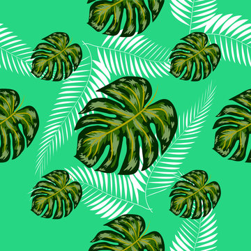 Tropical seamless pattern. Botany design, jungle leaves of palm tree, monstera.