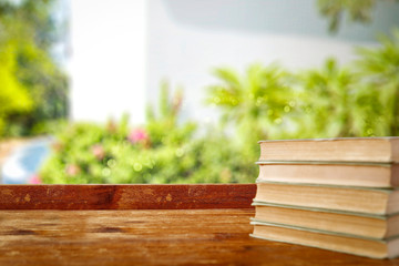 Table background and school supplies. Empty space for products and decoration.