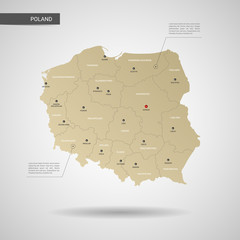 Stylized vector Poland map.  Infographic 3d gold map illustration with cities, borders, capital, administrative divisions and pointer marks, shadow; gradient background. 