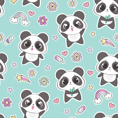 Seamless pattern with cute panda character, vector illustration