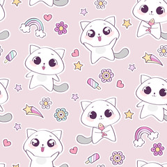 Seamless pattern with cute cat character, vector illustration