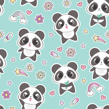 Seamless pattern with cute panda character, vector illustration