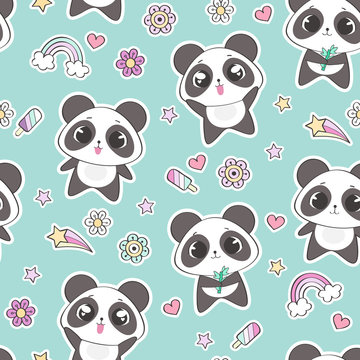 Seamless pattern with cute panda character, vector illustration © Margarita Vasina